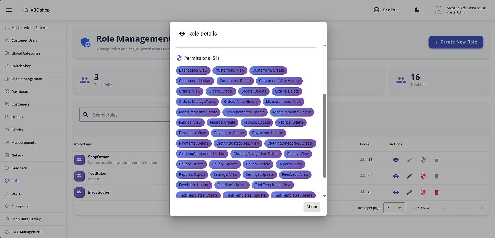 eKhayat staff roles and permissions screen