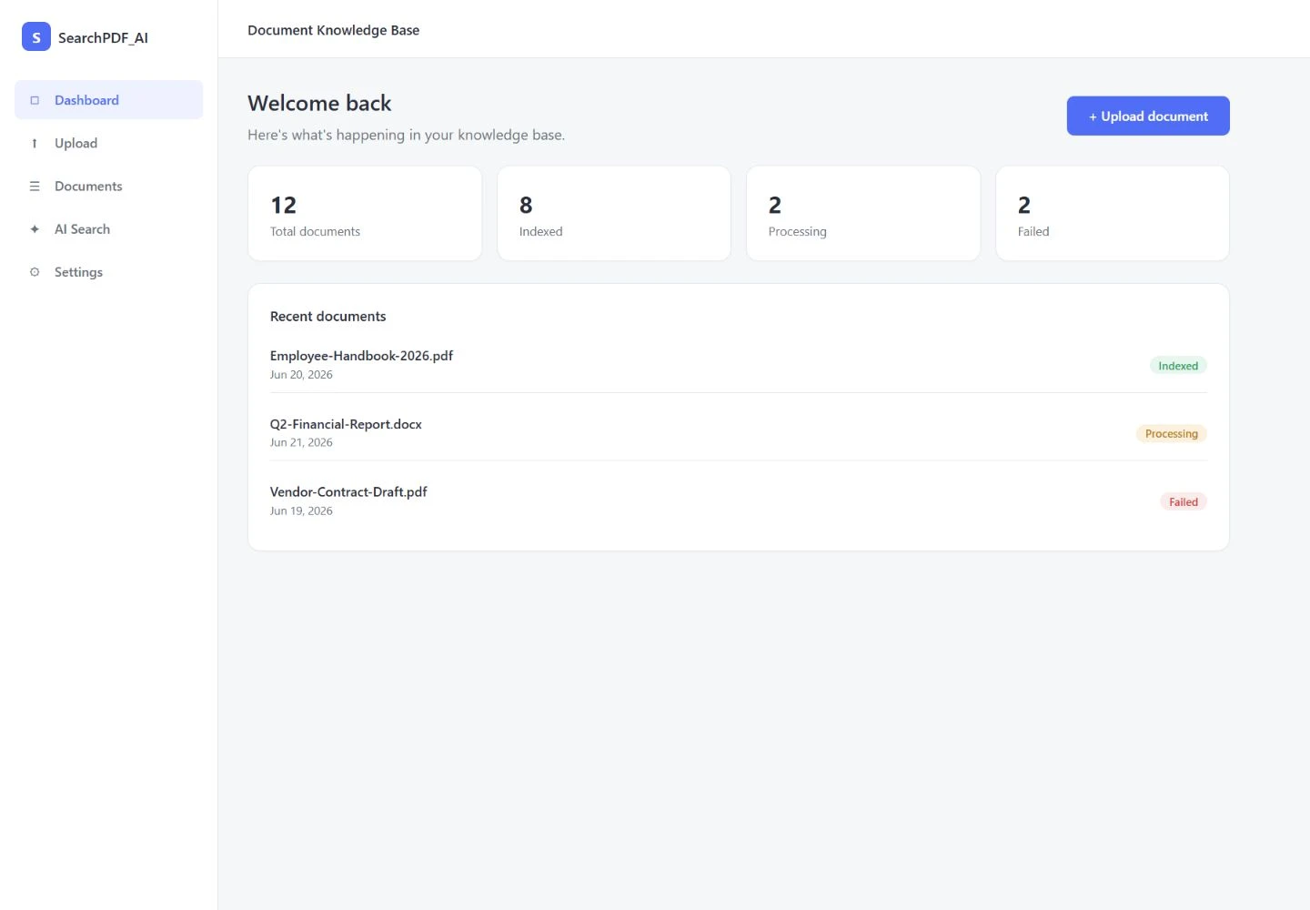 SearchPDF AI document workspace interface