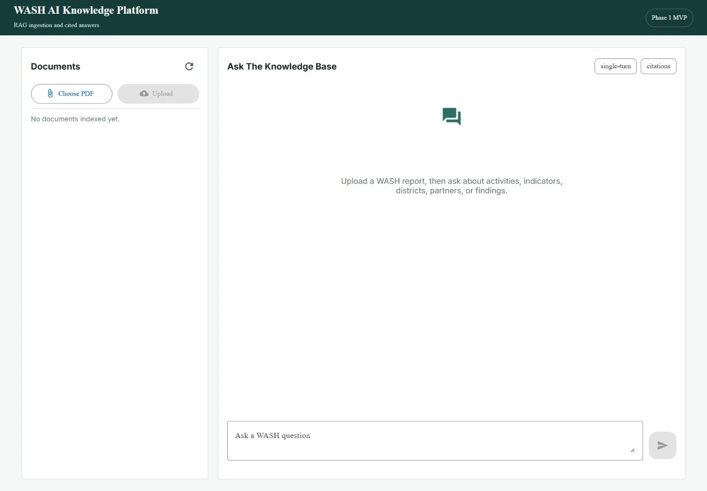 WASH AI document upload and question workspace